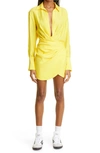 Gauge81 Naha Draped Silk-satin Mini Shirt Dress In Yellow