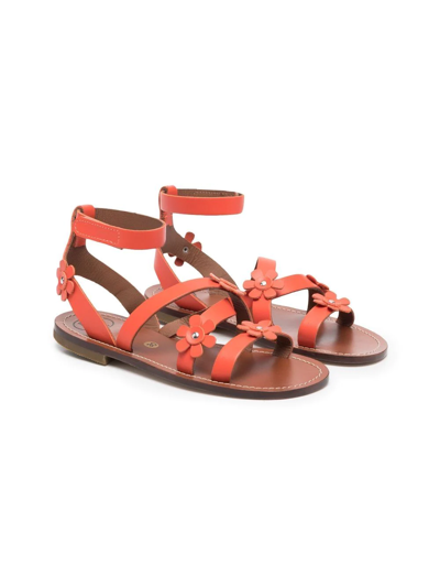 Pèpè Kids' Rouge Floral Appliqué Sandals In Orange