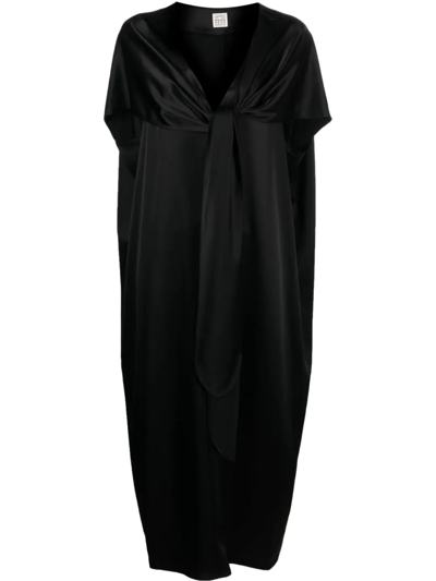Totême Knot-front V-neck Satin Cape Dress In Black