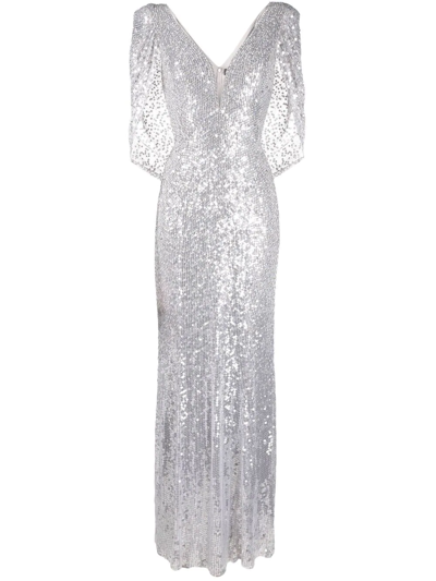 Jenny Packham Tulip Sequin-embroidered Cape Gown In Platinum