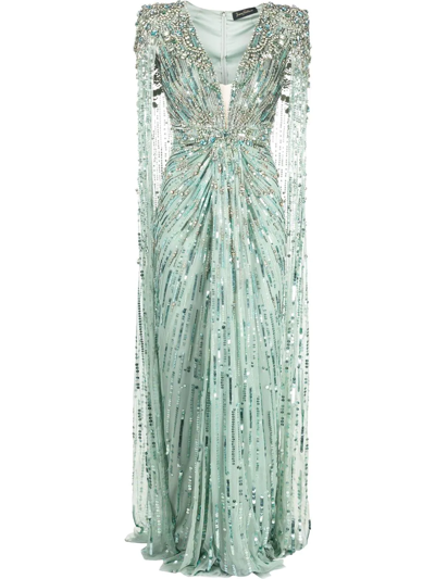 Jenny Packham Lotus Lady Cape-effect Embellished Tulle Gown In Green