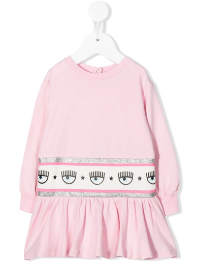 Chiara Ferragni Babies' Light Pink Sweater Dress In Cotton With Embossed Logo On The Waist