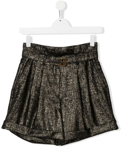 Balmain Teen Metallic High-waisted Shorts In Silver Tone