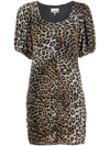 Ganni Bow-detailed Ruched Leopard-print Cotton-poplin Mini Dress In Brown