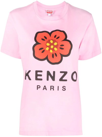 Kenzo Printed Logo Loose Cotton Jersey T-shirt In Pink