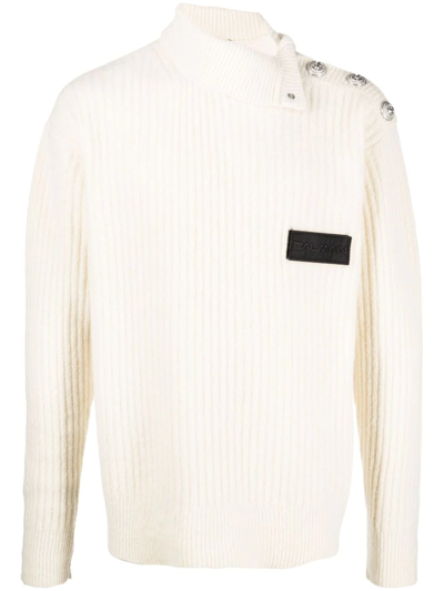 Balmain Button-embossed Knitted Jumper In Neutrals