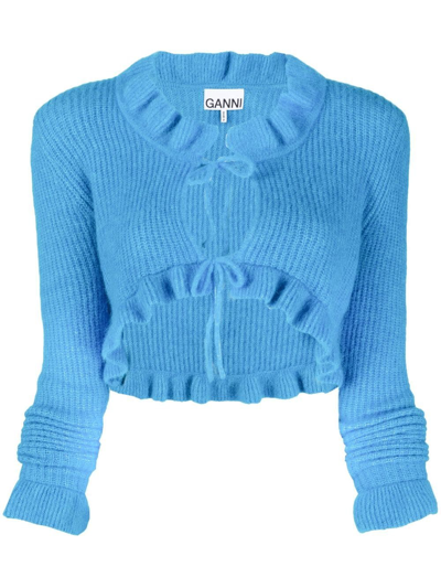 Ganni Wool-blend Ruffle-trimmed Cardigan In Blue