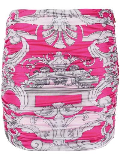 Versace Graphic Printed Ruched Mini Skirt In Pink