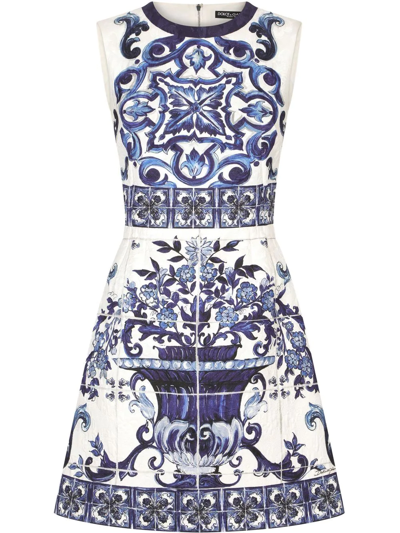 Dolce & Gabbana Short Majolica-print Brocade Dress In Blue