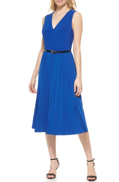 Tommy Hilfiger Women's Belted Pleated Midi Dress In Marina Blue