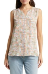 Nydj Print Pleat Back Sleeveless Split Neck Blouse In Cielo Vista