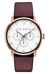 Ted Baker Multifunction Leather Strap Watch, 42mm In White/ Dark Red