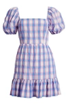 BB DAKOTA BY STEVE MADDEN PLAID WITH MY HEART PUFF SLEEVE SQUARE NECK DRESS