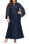 ALEX EVENINGS SEQUIN CAPE LONG SLEEVE FIT & FLARE GOWN
