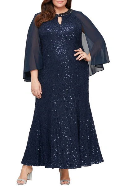 Alex Evenings Sequin Cape Long Sleeve Fit & Flare Gown In Navy
