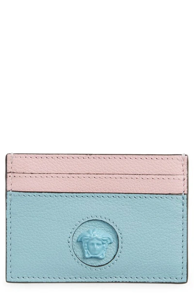 Versace Medusa Leather Card Case In Light Blue+pink