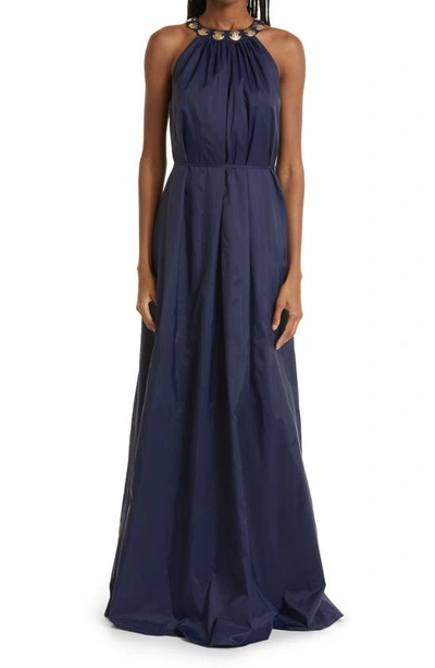 Staud Benoit Embellished Nylon Maxi Dress In Blu