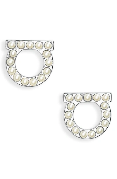 Ferragamo Small Gancio Imitation Pearl Stud Earrings In Silver