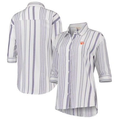 Ug Apparel White Clemson Tigers Missy Striped Button-up 3/4-sleeve Shirt