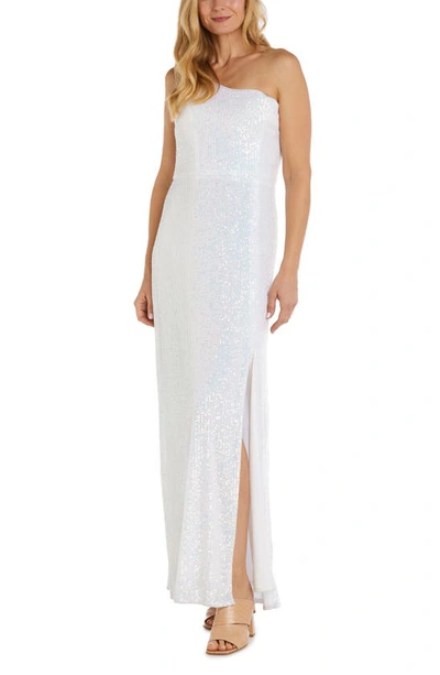 Morgan & Co. One-shoulder Sequin Gown In White Rainbow