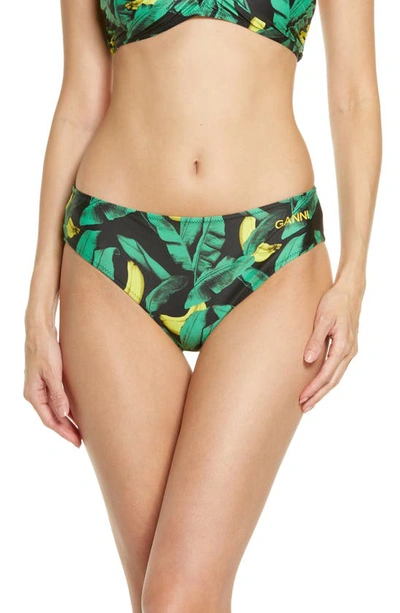 Ganni Banana Print Mid-rise Bikini Bottoms In Banana Tree Black