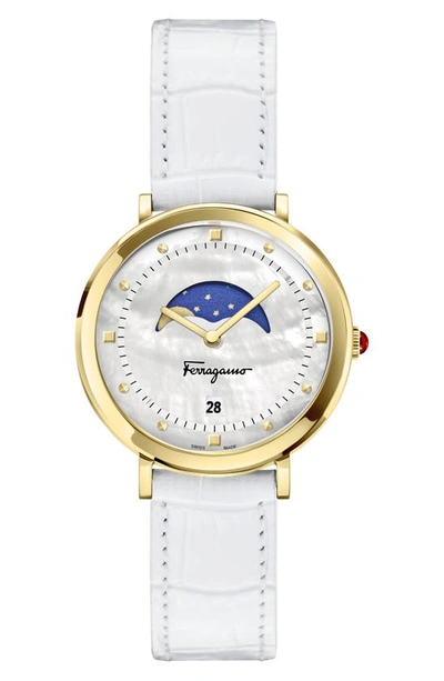 Ferragamo Women's Swiss Logomania Moon Phase White Leather Strap Watch 36mm In Gold