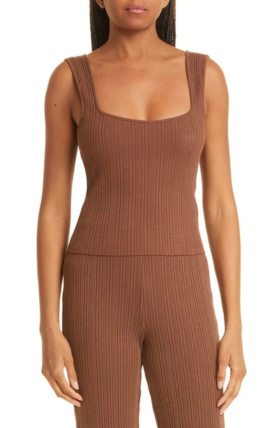 Vince Square Neck Rib Tank Top In Brown