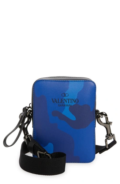 Valentino Garavani Men's Small Camouflage Leather Crossbody Bag In Blue Multi