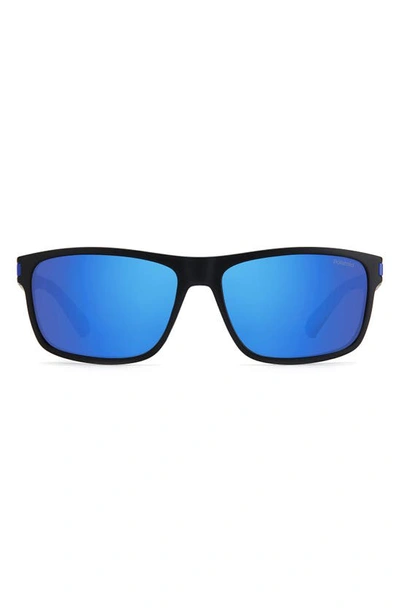 Polaroid 58mm Polarized Rectangular Sunglasses In Matte Black Blue / Blue