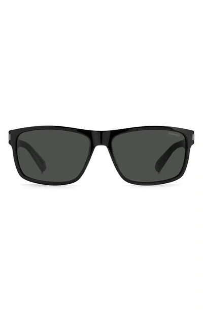 Polaroid 58mm Polarized Rectangular Sunglasses In Black Grey / Gray Pz