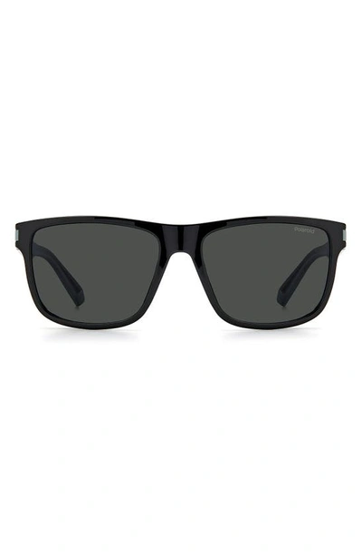 Polaroid 57mm Polarized Rectangular Sunglasses In Black Grey / Gray Pz
