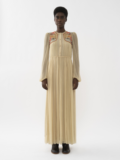 Chlo Embroidered-yoke Silk Plisse Maxi Dress In Beige | ModeSens