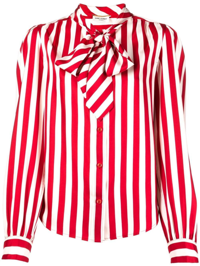 Saint Laurent Pussybow Striped Shirt In Red