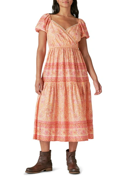 Lucky Brand Women's Block-print Midi Dress In Peach Multi