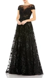 Mac Duggal Embellished Floral Cap Sleeve A Line Gown In Black