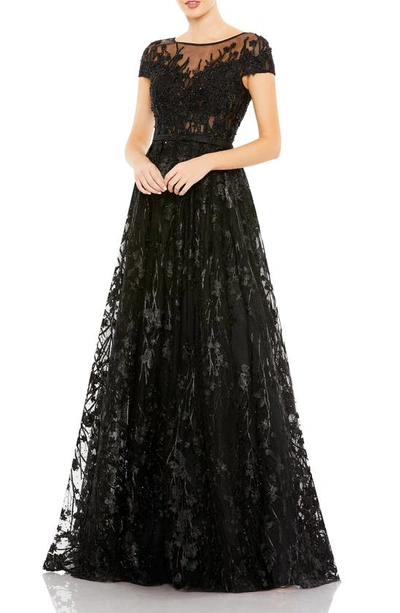 Mac Duggal Embellished Floral Cap Sleeve A Line Gown In Black