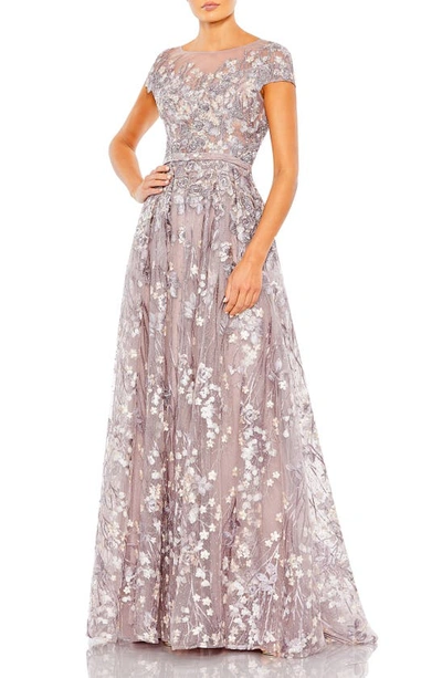 Mac Duggal Embellished Floral Cap Sleeve A Line Gown In Lilac