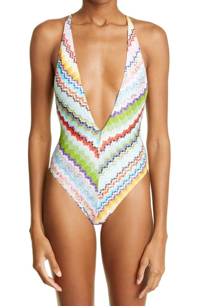 Missoni Zigzag-knit V-neck One-piece Swimsuit In Multicolor