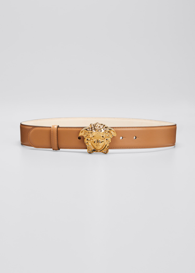 Versace La Medusa Buckle Leather Belt In Brown