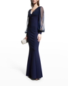 Chiara Boni La Petite Robe Perlita Sheer-sleeve Illusion Gown In Blu Notte