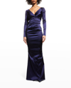 Talbot Runhof Long-sleeve Draped Satin Duchesse Gown In Royal Navy