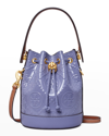Tory Burch Mini T Monogram Patent Embossed Bucket Bag In Dark Lotus/brass