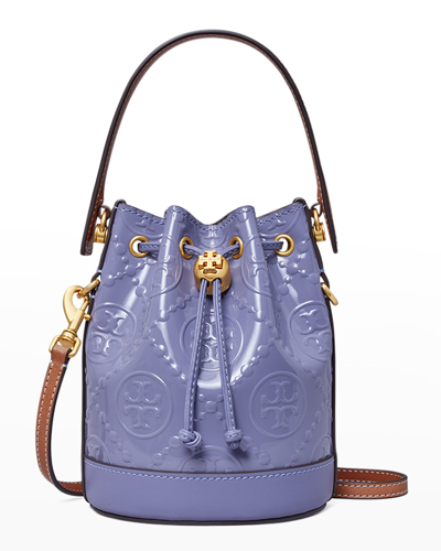 Tory Burch Mini T Monogram Patent Embossed Bucket Bag In Dark Lotus