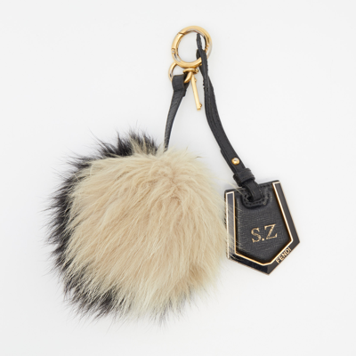 Pre-owned Fendi Monochrome Fox Fur Pom Pom Keyring/ Bag Charm In Black