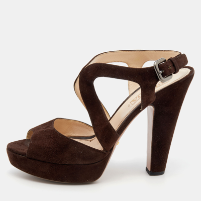 Pre-owned Prada Dark Brown Suede Platform Ankle Strap Sandals Size 39