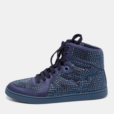 Pre-owned Gucci Blue Satin Crystal Embellished High Top Trainers Size 39.5