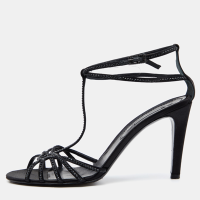 Pre-owned Celine Black Satin Embellished Strappy Sandals Size 41