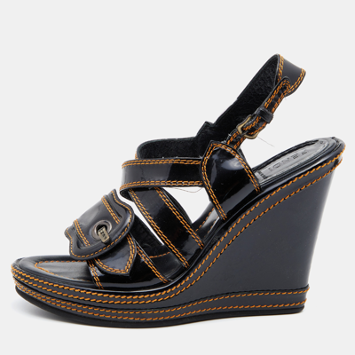 Pre-owned Fendi Black Patent Leather B Buckle Platform Wedge Sandals Size 37.5