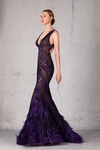 JEAN FARES COUTURE EMBELLISHED FIT AND FLARE FEATHERED GOWN