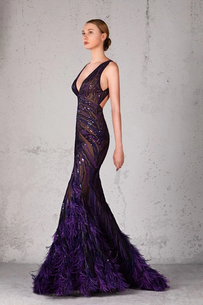 Jean Fares Couture Embellished Fit And Flare Feathered Gown